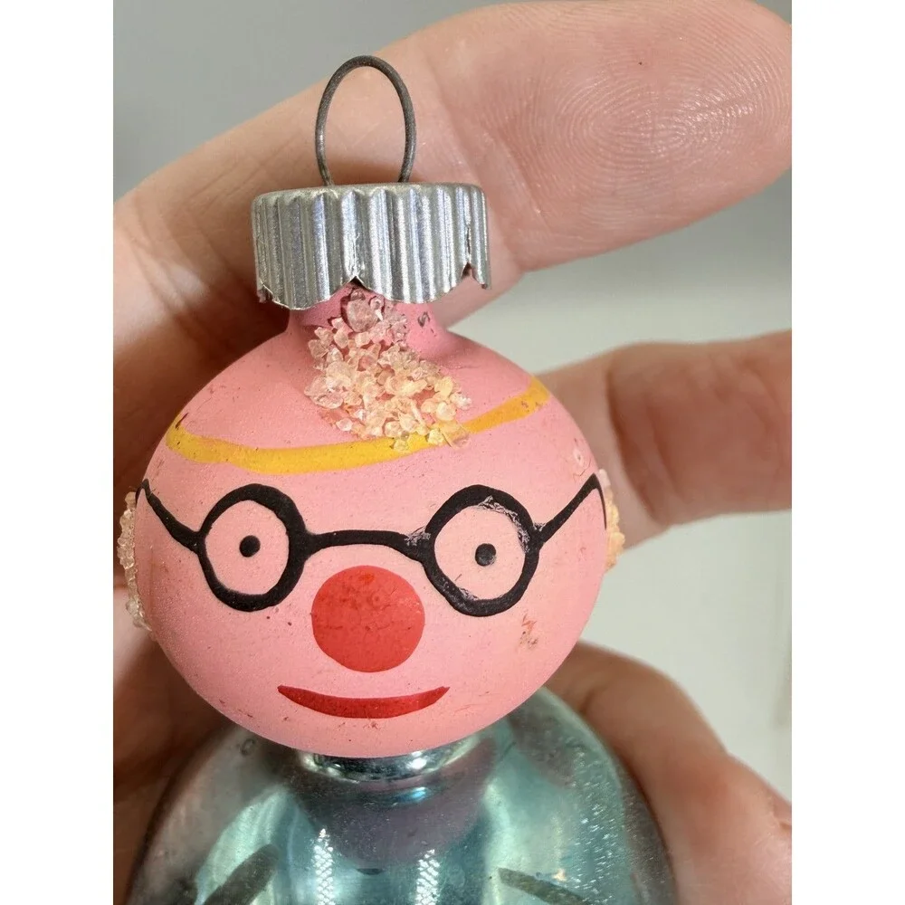Vintage Shiny Brite Clown Grandparent Key Christmas Glass Ornament USA Pink Blue